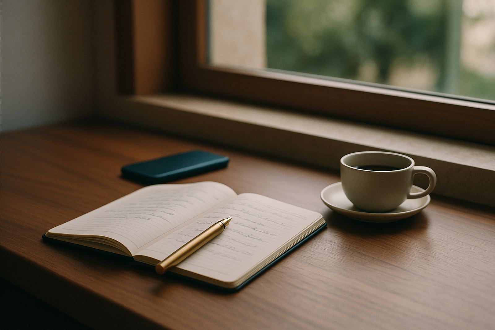 Agenda de papel, caneta e celular sobre uma mesa de madeira