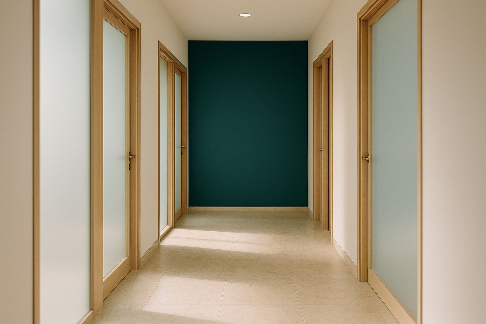 Corredor de uma clínica com portas de vidro e luz natural