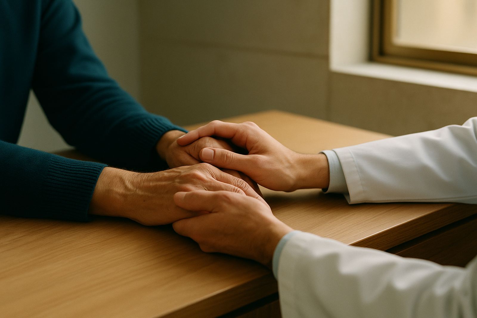 Mãos de um médico segurando as mãos de um paciente